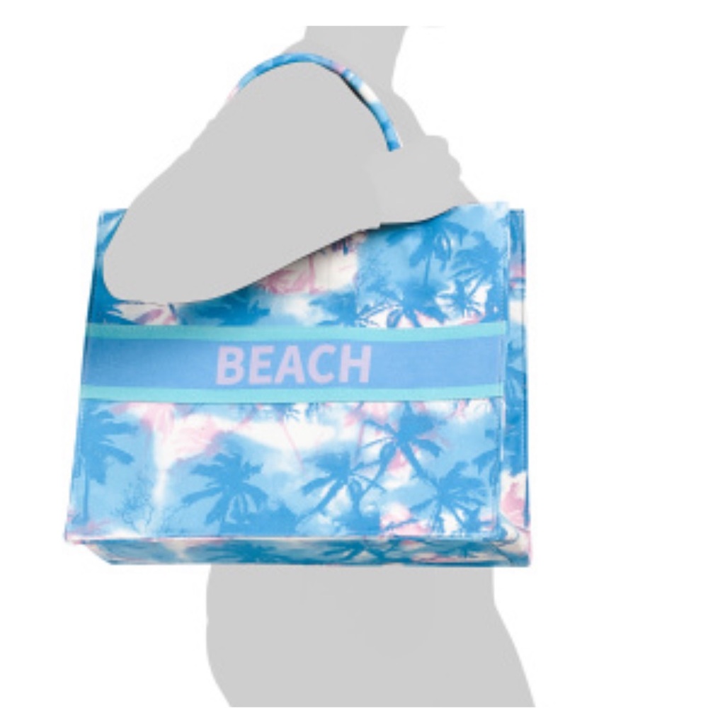 Twig & Arrow Large Canvas Blue Palm Tree Beach Tote